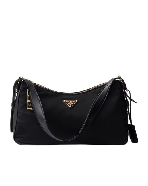 Prada Black Logo Plaque Padlock-Detailed Shoulder Bag