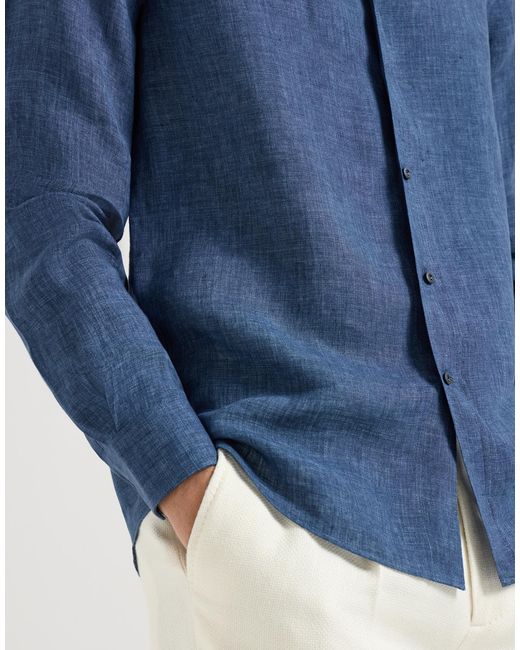 Brunello Cucinelli Blue Délavé Linen Easy Fit Shirt With Spread Collar for men