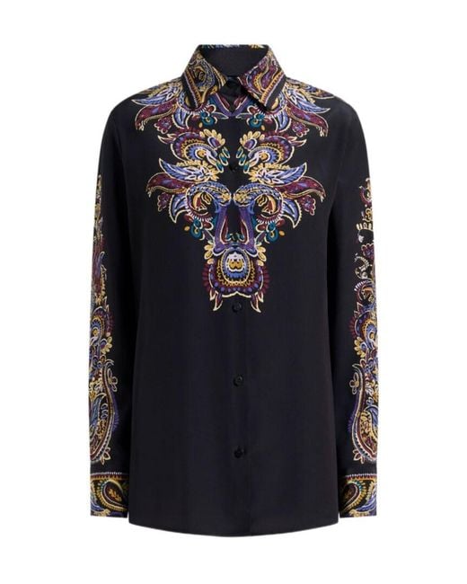 Etro Black Silk Shirt With Placed Paisley Foliage Print