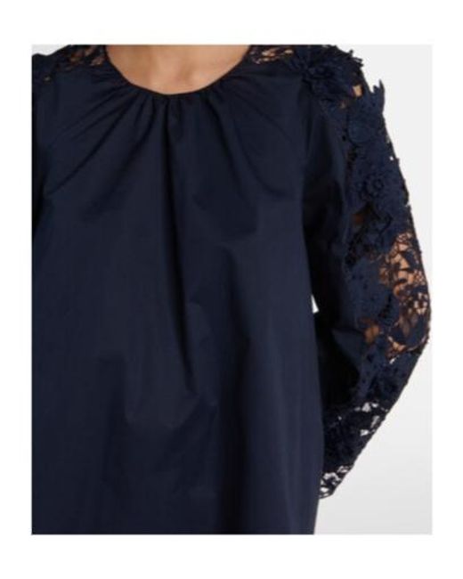 Oscar de la Renta Blue Lace-Detail Cotton Blouse