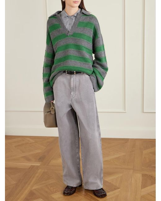 The Elder Statesman Green Dume Striped Cashmere Polo Sweater