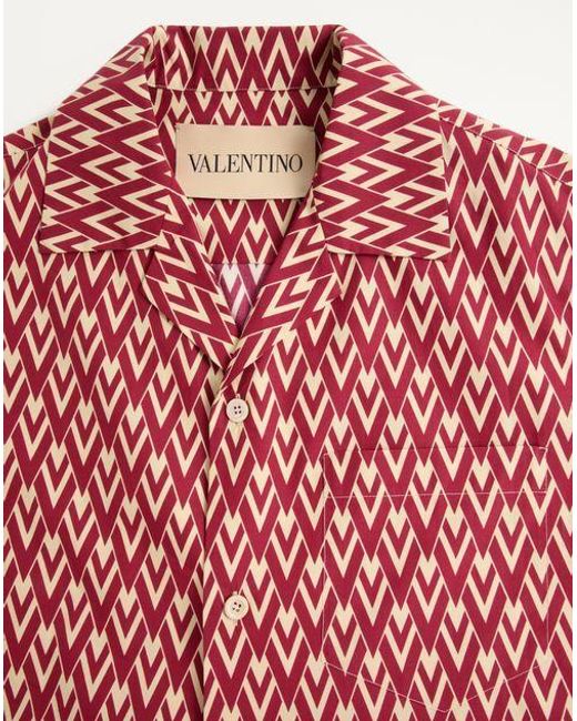 Valentino Red Cotton Popeline Bowling Shirt With Toute La V Print for men