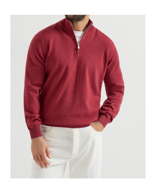 Brunello Cucinelli Red Half-Zip Cashmere Sweater for men