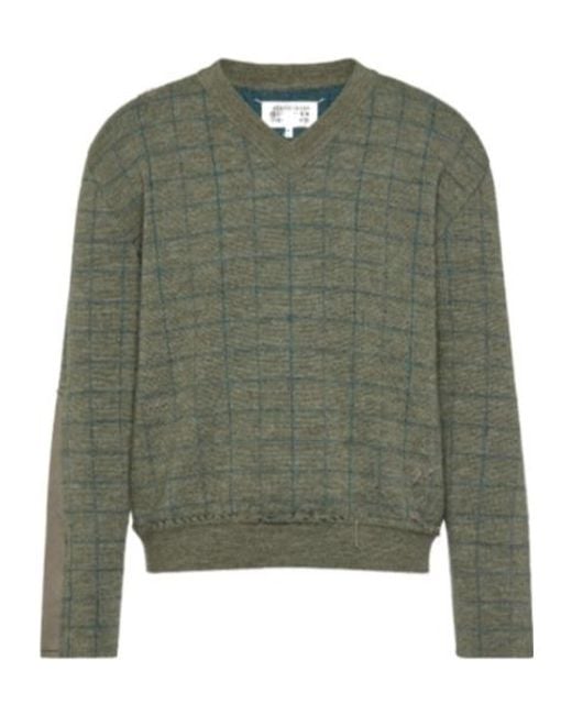 Maison Margiela Green Long Sleeve V-Neck Grid-Pattern Jumper for men