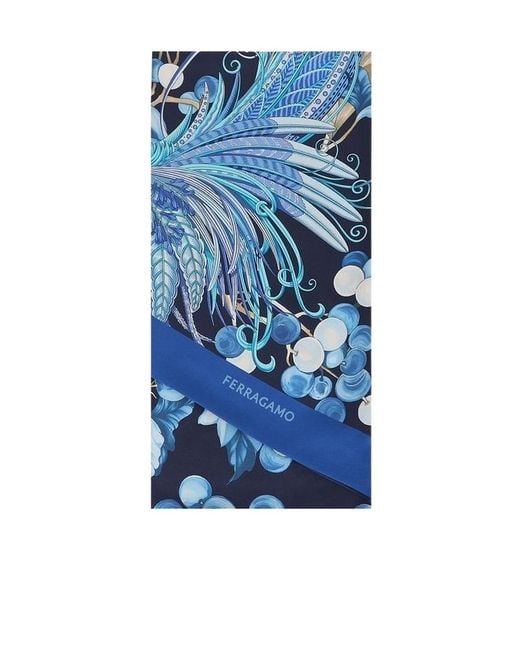 Ferragamo Blue Patterned Printed Silk Scarf