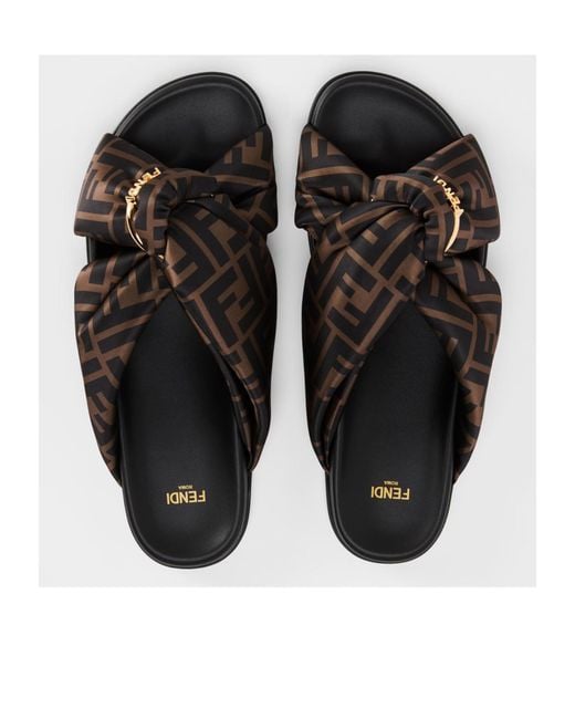 Fendi Brown Logo Satin Slippers