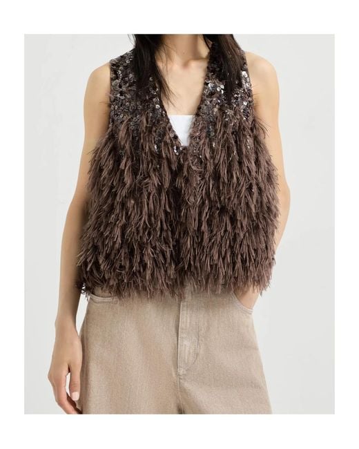 Brunello Cucinelli Brown Sequin Fringed Vest