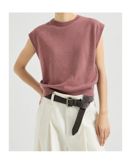 Brunello Cucinelli Purple Cashmere Knit T-Shirt With Monili