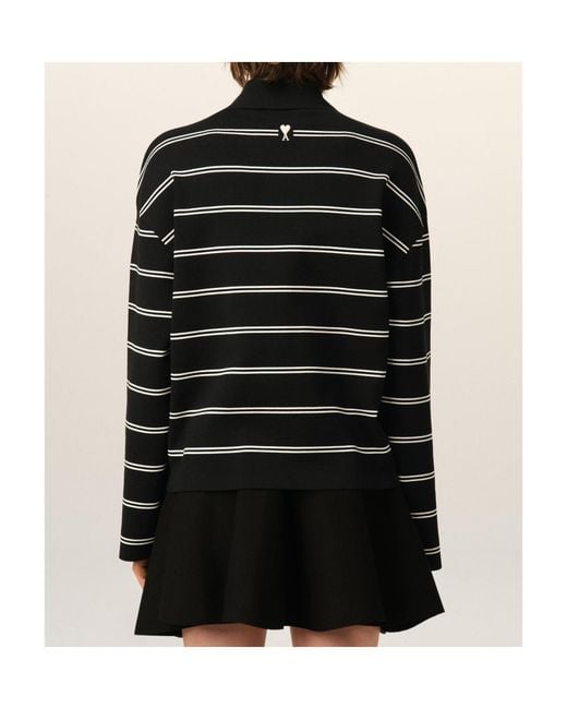 AMI Black Striped Cotton Polo With Ami Patch for men