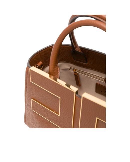 Elisabetta Franchi Brown Logo-Plaque Grained Tote Bag