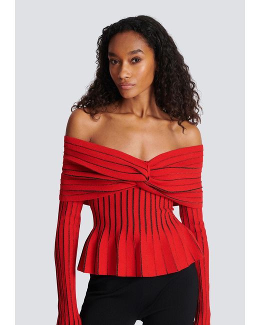Balmain Red Knotted Off-The-Shoulder Top