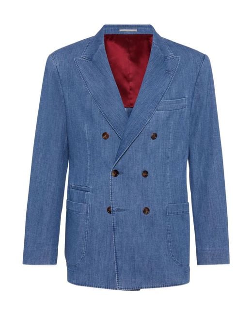 Brunello Cucinelli Blue Denim Double-Breasted Blazer for men