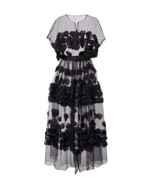 Norma Kamali Black Floral-Appliqué Tulle Midi Dress