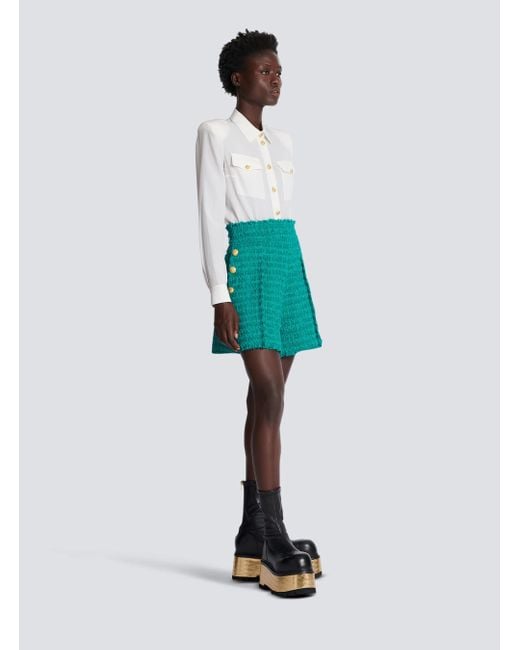 Balmain Green Buttoned Tweed Shorts