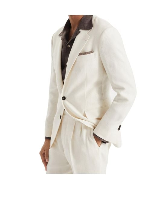 Brunello Cucinelli White Textured Striped Diagonal Deconstructed Blazer for men