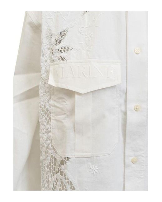 MARINE SERRE White Crochet-Panel Embroidered Long-Sleeved Shirt
