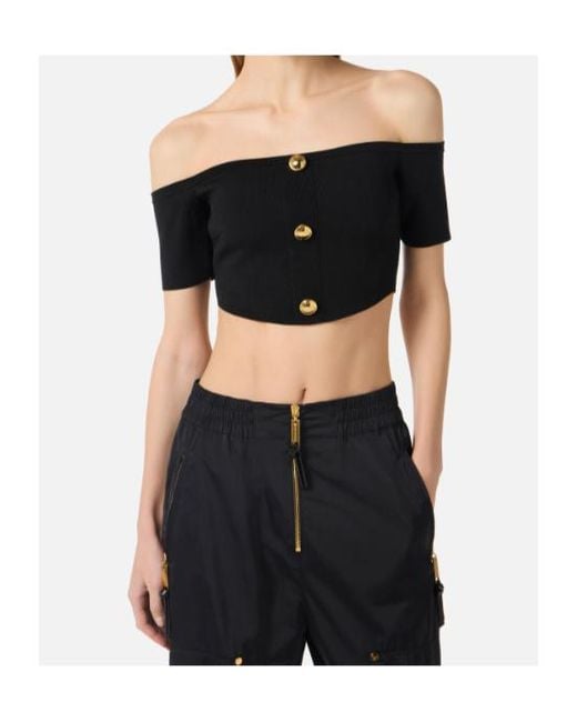 Elisabetta Franchi Black Off-Shoulder Button Knitted Top