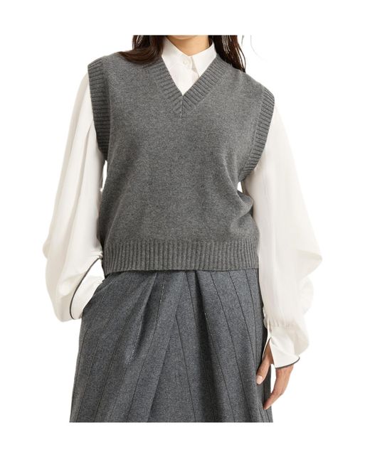 Brunello Cucinelli Gray V-Neck Knit Vest