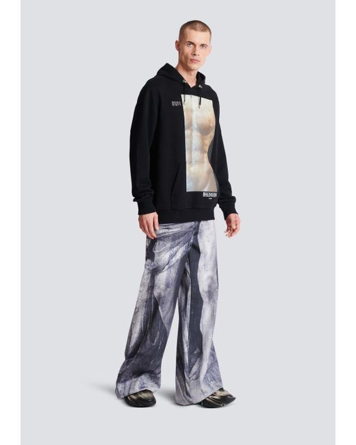 Balmain Black Graphic Printed Drawstring Hoodie for men