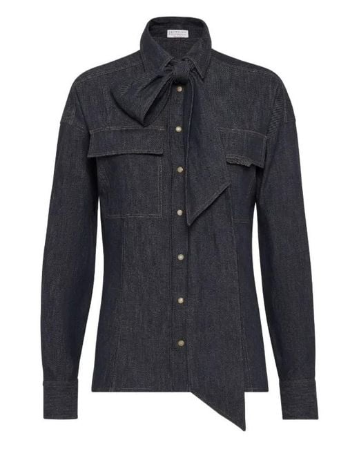Brunello Cucinelli Blue Lightweight No-Fade Denim Pussybow Shirt