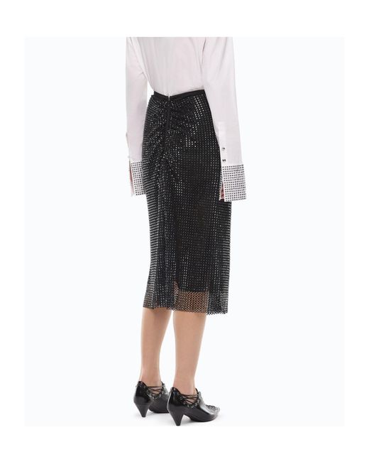 Pinko Black Mesh-Effect Calf-Length Skirt With Rhinestones