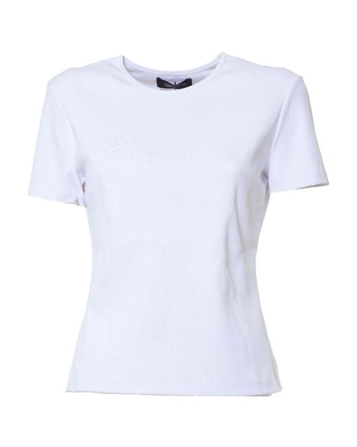 Blumarine White Logo Embroidered Crewneck Knitted T-Shirt