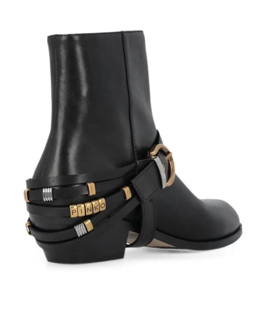 Pinko Black Buckle-Detail Leather Ankle Boots
