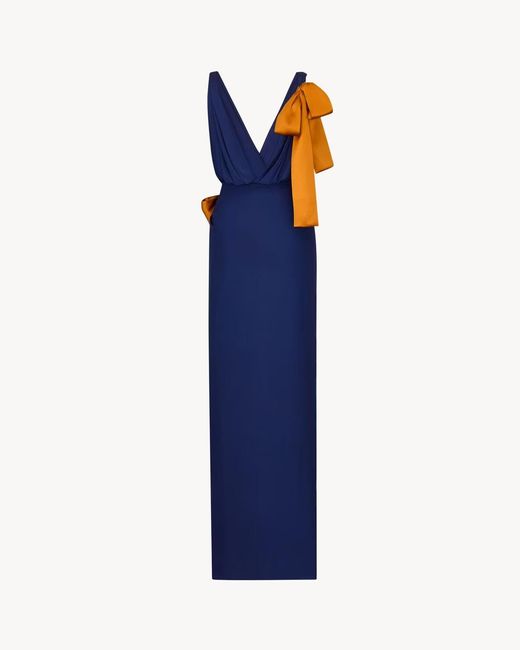 Saint Laurent Blue Draped Bow Detailed Maxi Dress