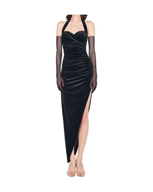 Norma Kamali Black Cayla Asymmetric Ruched Velvet Halterneck Gown