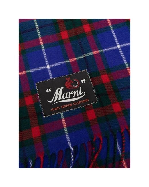 Marni Blue Logo-Patch Check Pattern Scarf