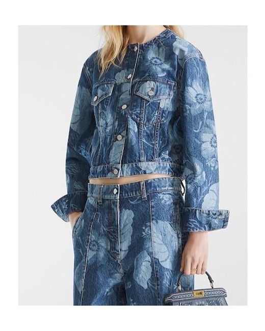 Fendi Blue Floral Printed Cropped Crewneck Denim Jacket