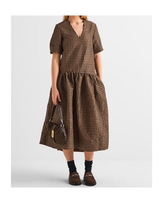 Ganni Brown Plaid Short-Sleeved Dress