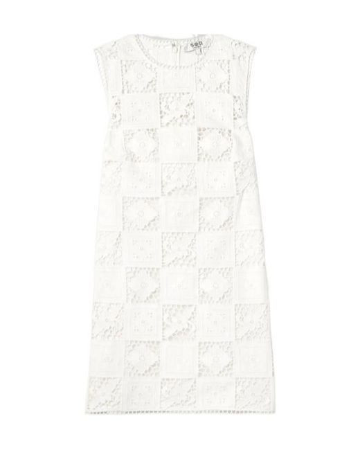 Sea White Spliced Embroidered Mini Dress