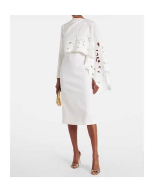 Oscar de la Renta White Cape-Detail Wool-Blend Midi Dress
