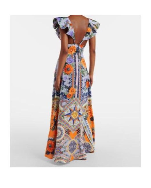 Camilla Blue Printed Linen And Silk Maxi Dress