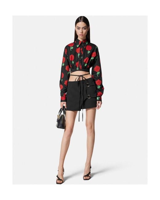 Versace Jeans Red Couture Floral-Printed Buttoned Cropped Blouse