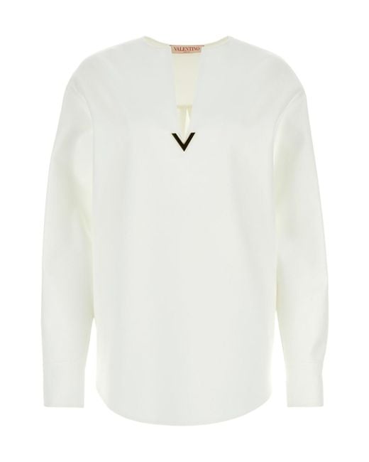 Valentino White Logo Plaque V-Neck Top