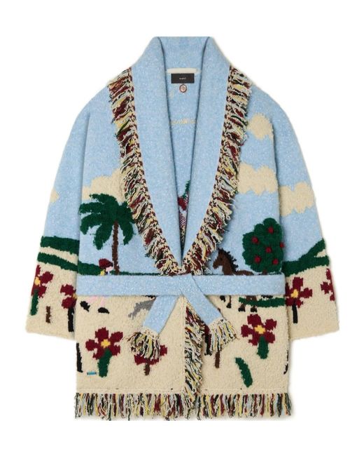 Alanui Blue Casa Fringed Intarsia-Knit Cardi-Coat