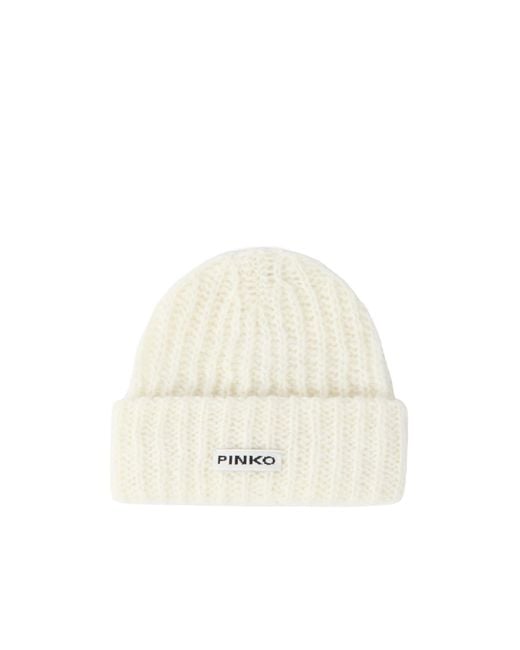 Pinko White Logo Patch Turn-Up Beanie