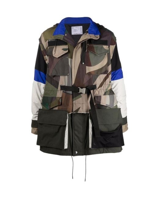 Sacai Gray Camouflage-Print Hooded Coat for men