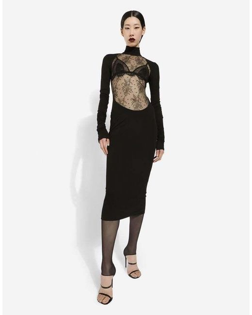 Dolce & Gabbana Black Lace-Panel Midi Dress