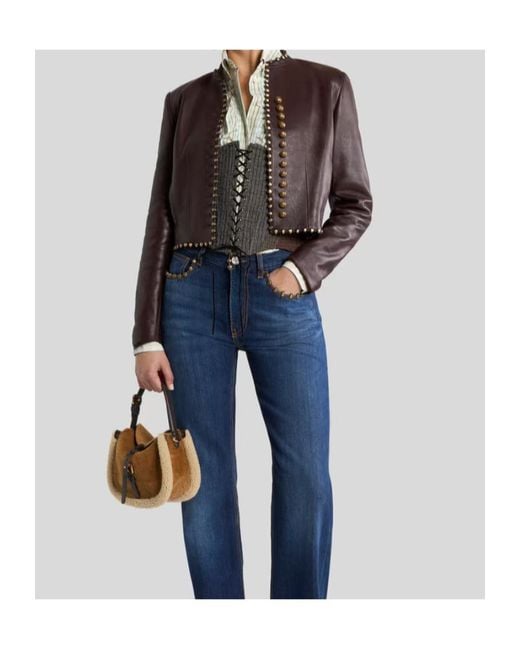 Etro Brown Cropped Leather Jacket With Studs
