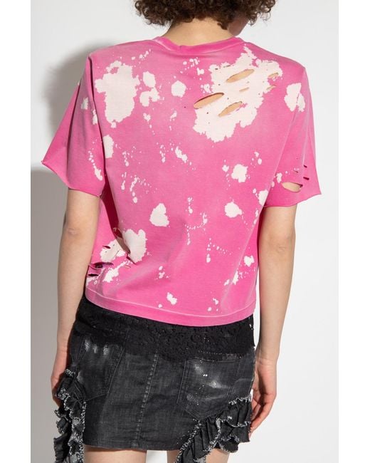 DSquared² Pink Lace Hem Distressed T-Shirt