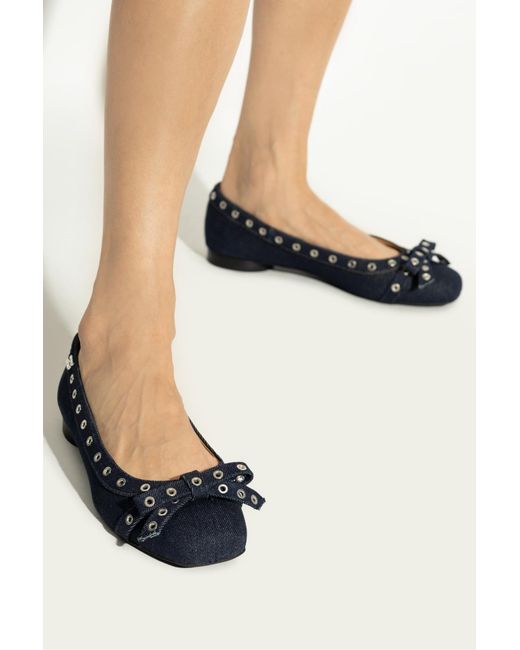Ganni Black Denim Eyelet Bow Ballerinas