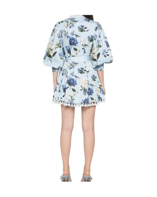 Alice + Olivia Blue Floral-Print Tassel-Trim Mini Dress