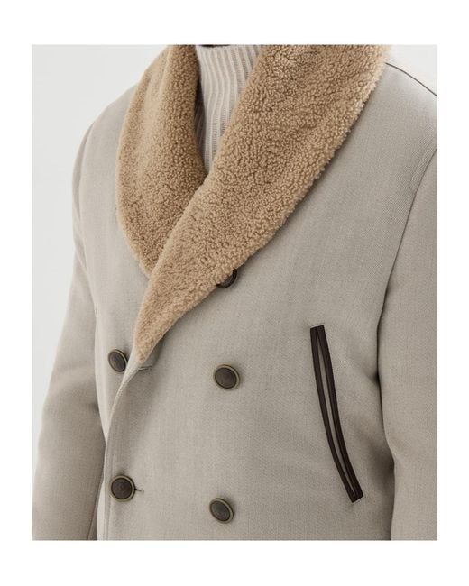 Brunello Cucinelli Natural Wool And Cashmere Cavalry Coat With Thermore Padding And Shearling Collar for men