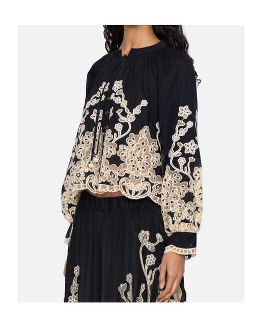 Sea Black Gracelyn Lace-Trimmed Embroidered Blouse