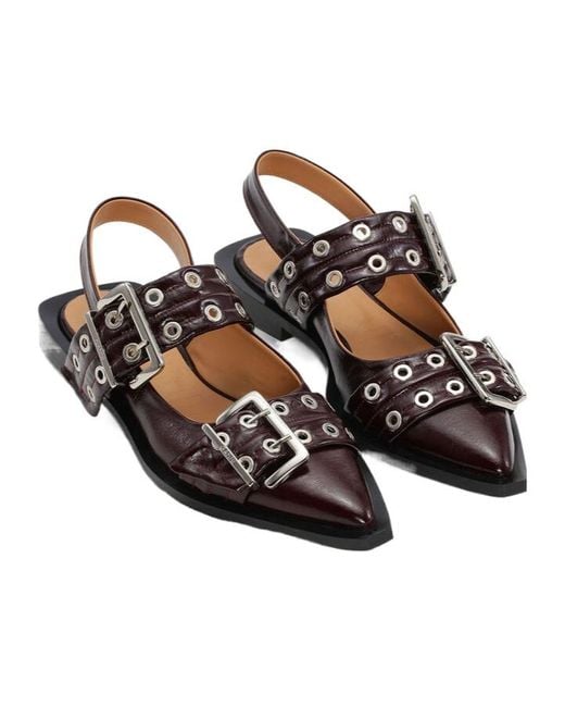 Ganni Brown Buckled Slingback Ballerina Shoes