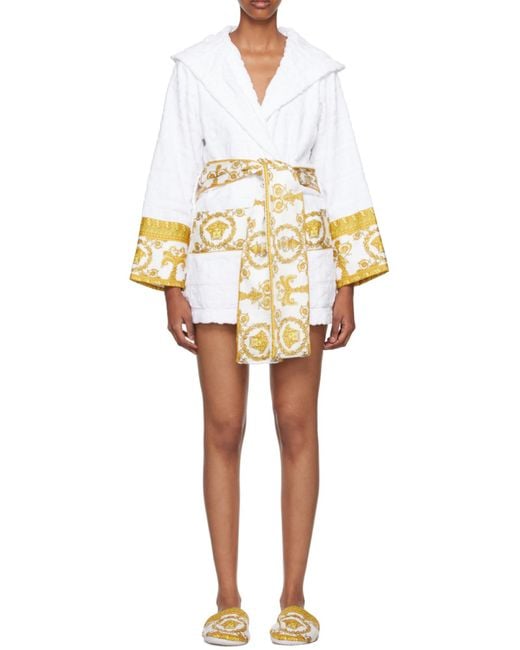 Versace White Baroque Printed Belted Waist Robe
