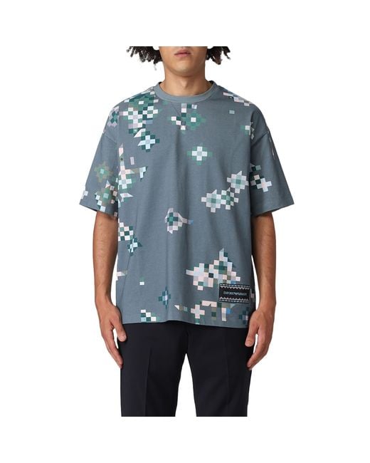 Emporio Armani Blue Geometric-Print Cotton T-Shirt for men